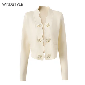 High Quality Custom Ladies Cardigan Top with Formal Flower Button Design Breathable Knitted Outerwear for Autumn Viscose Lining
