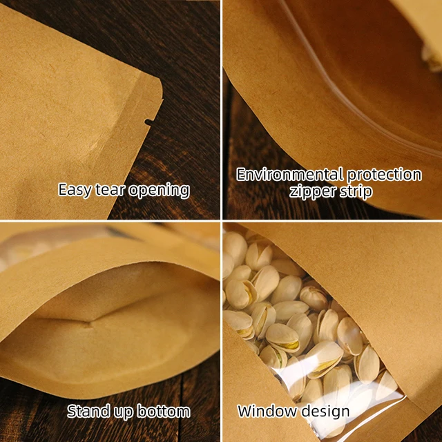 Customizable Kraft Paper Stand-Up Coffee Pouch Resealable Clear Window Printed Logo for Coffee and Pet Food Packaging