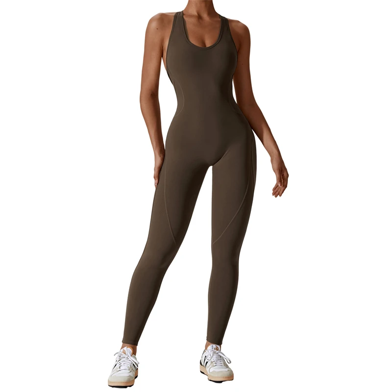 Aoyema Workout Tummy Control One Piece Set Sleeveless and Backless Yoga Leggings Sportswear Jumpsuit