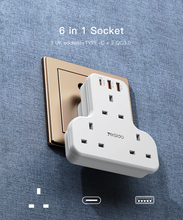 YESIDO Splitter AC multi-socket smart power strip with USB PD QC fast charging