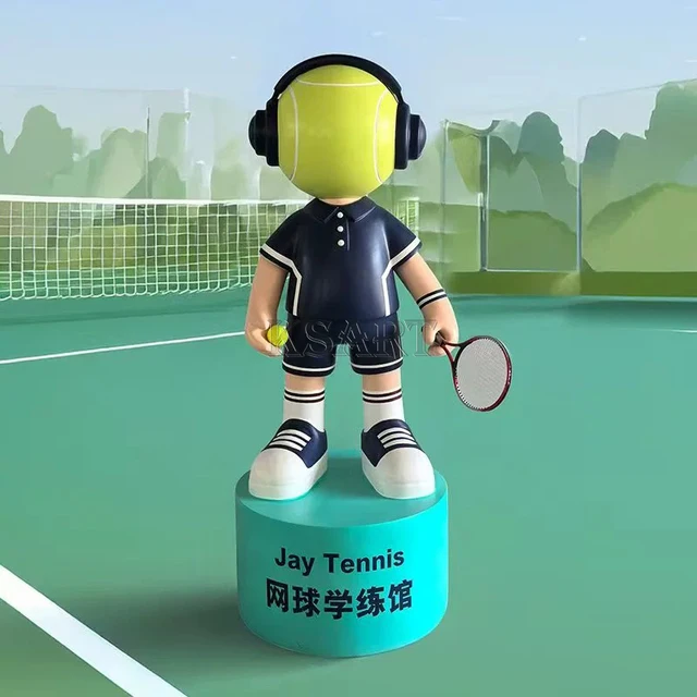 Creative Cartoon Tennis Figure Glass m Steel Sculpture for Tennis Hall Opening Gift Decoration of Tennis Room