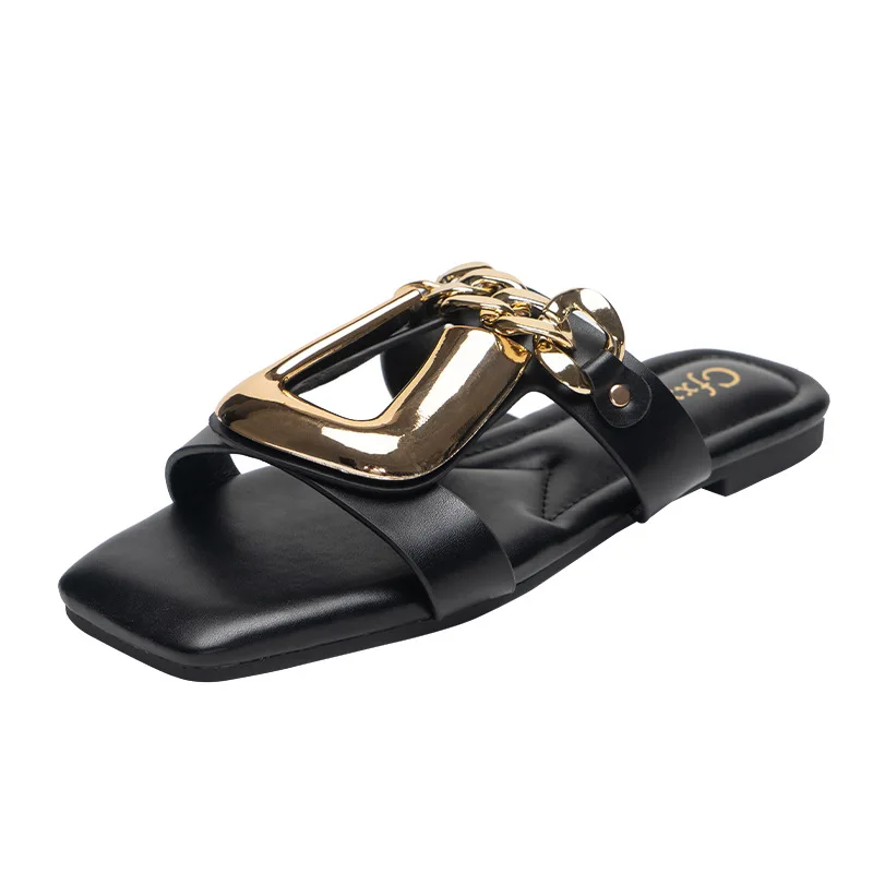 2022 New Trendy Design Ladies Sandals Metal Chain Decoration Flat ...