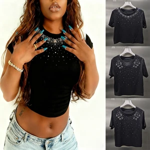 LYG Summer New Design Custom Wholesale Crewneck Graphic Knitted Crop Tops for Women Rhinestone Sexy Crop Top for Girls