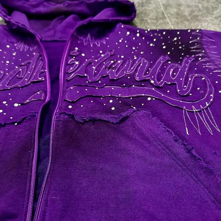 Salati Manufacturer Men Custom 400 GSM Diamond Zipper Boxy Fit Sun Faded Distressed Embroidery Acid Wash Hoodies With Rhinestone gallery 3