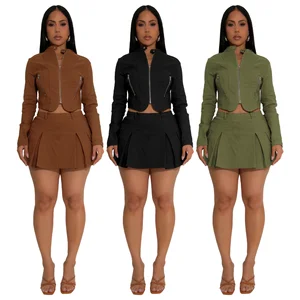 2026 New Arrival Women Casual Two-Piece Skirt Set Solid Color Line Mini Skirt Bow Collar Top Short Jacket and Skirt Set