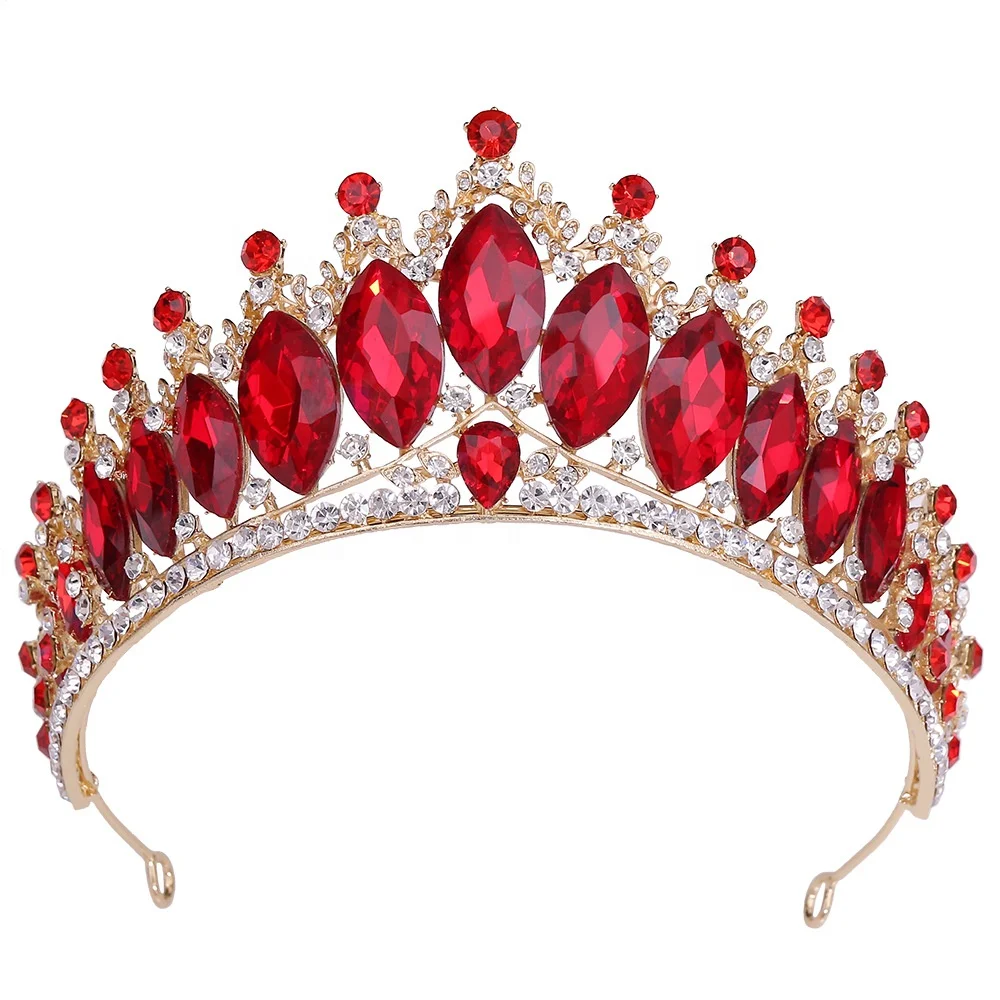 Factory Free Customized Handmade Red Crystal Bridal Crowns Elegant Silver Diamond Rhinestone Wedding Tiaras