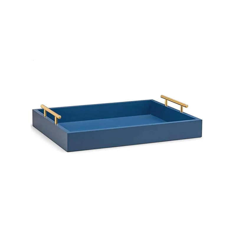 Stackable Matt Blue Color Wood Serving Tray With Gold Metal Handles And