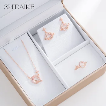 Luxurious Women's Gold Plated Copper Necklace Earrings Rings Set Colorful Diamond Zircon Fashion for Christmas Gifts