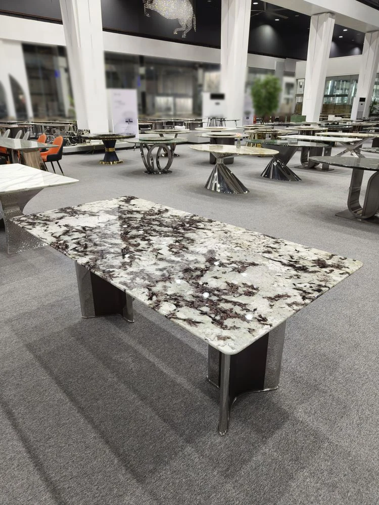 Okapi Modern White Dining Table with Natural Luxury Stone Polished Surface for Hotel Floor Usage in Stock