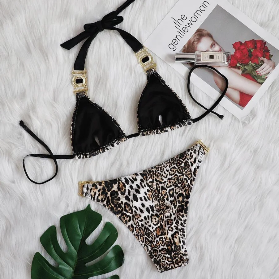 2022 Stock Cheetah Print Jewel Bikini Textured Ribbed Diamond Swimwear