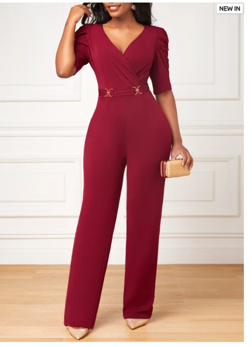 V Neck High Waisted Jumpsuits 2023 Summer Surplice Wine Red Long Heart ...