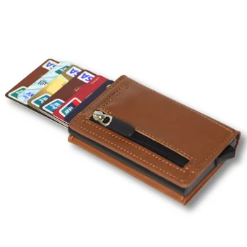 RFID Blocking Pop Up Aluminum Case Credit Cards Holder PU Leather Cards Wallet