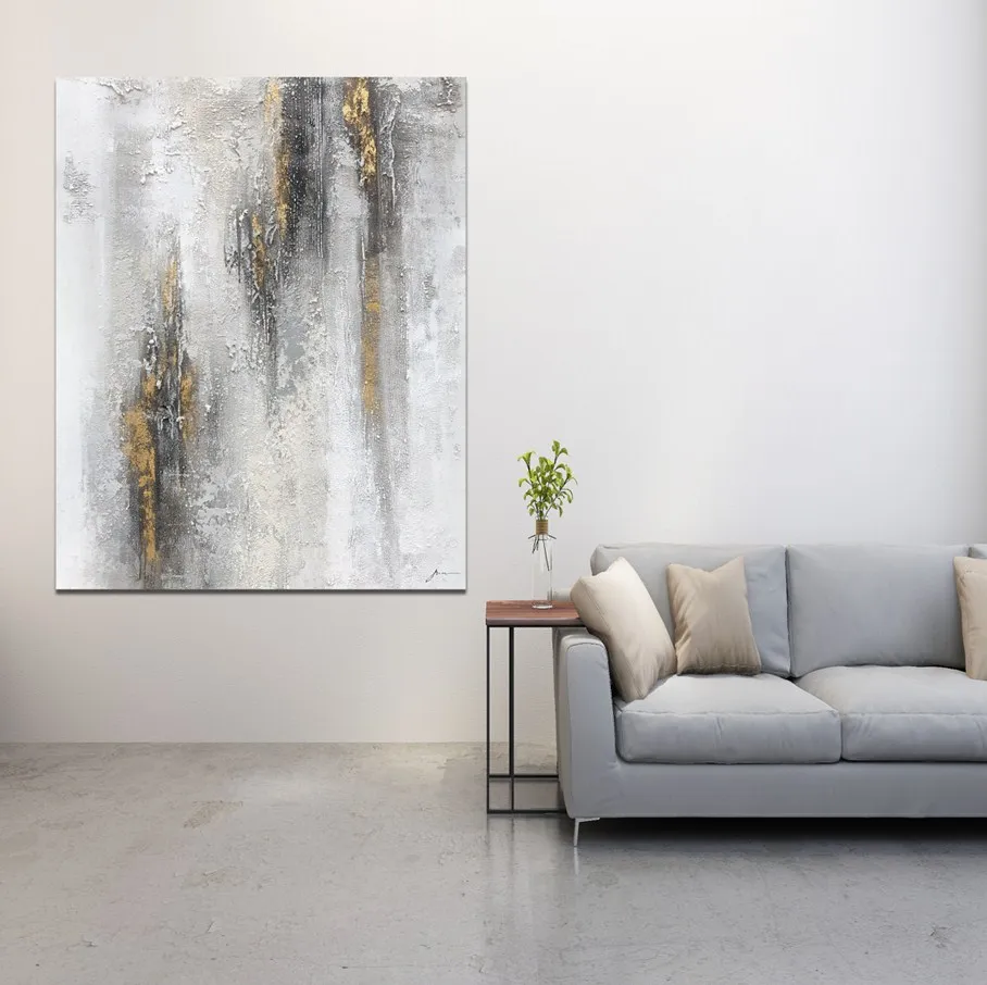 High Quality Canvas Textured Abstract Oil Painting Acrylic Gray White Art Decoration Wall