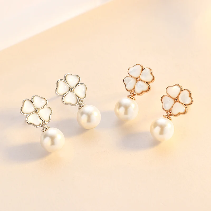 Wholesales 925 Sterling Silver 18K Gold Plated Fashion Women Four Leaf Clover Pearl Stud Earrings Je(图4)
