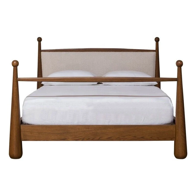 Wabi-sabi oak frame bed with upholstered headboard