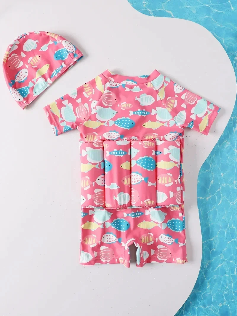 Children Buoyancy Swimsuit Swimming Training Swimwear Boys Girls Floating Rash Guards Bathing Suit with Caps W081