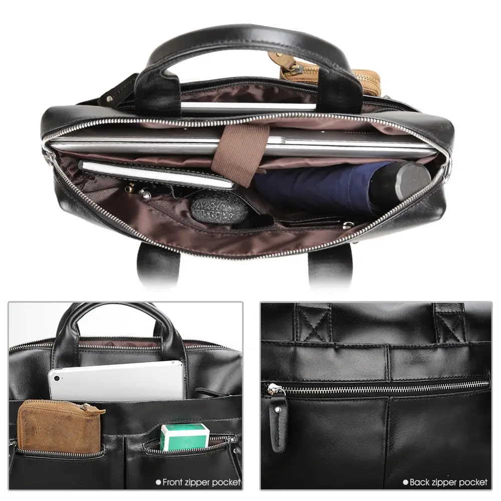 Custom Brand Logo Waterproof Man Black Real Leather Office Bag Business Laptop Briefcase