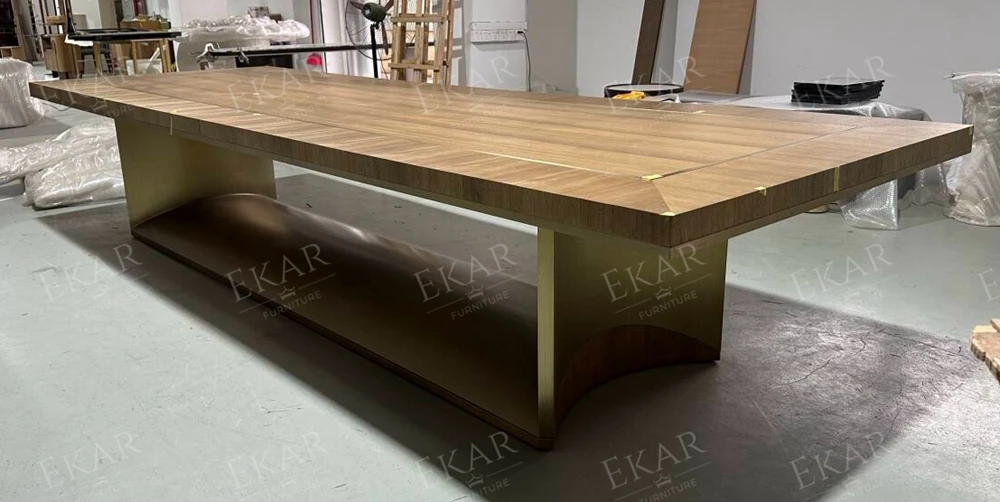 product new design long table sets stainless steel titanium gold and walnut dining table   a fusion of elegance and modern design-65