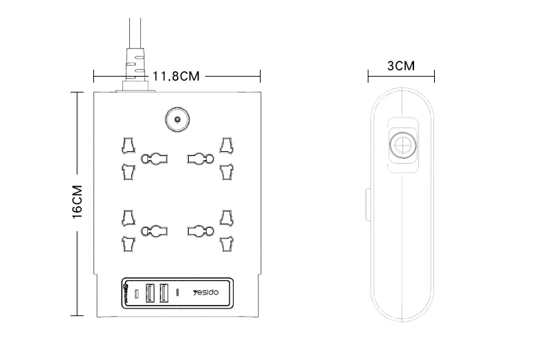 YESIDO 2 Meter Long multi port home using Pull up Max 2650W Power track power socket