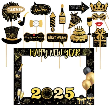 Yachen 2025 Happy New Year Paper Hand-held Photo Prop Set Photo Booth Frame Props Party Supplies for Party Decoration