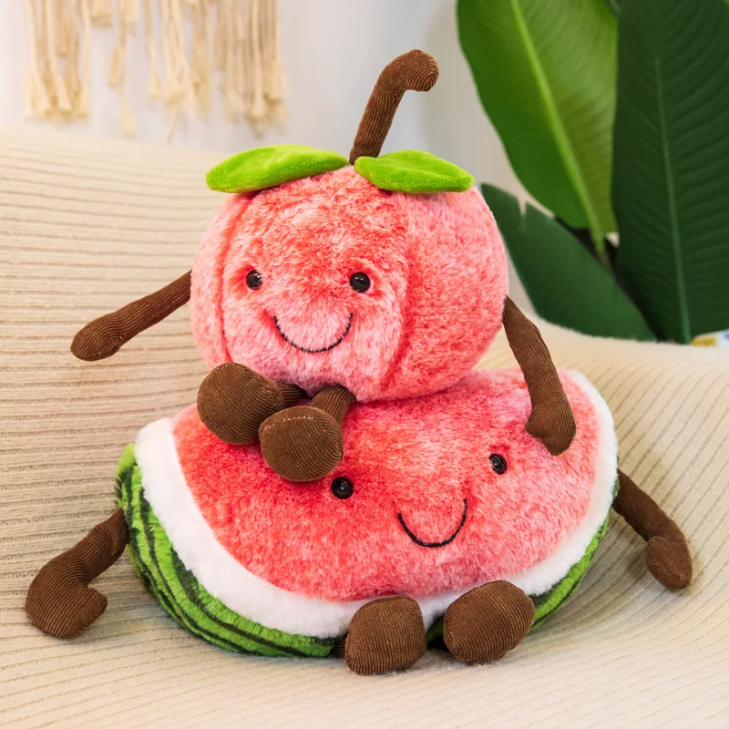 Cute Short Super Soft Plush Simulation Watermelons and Cherries Cotton Stuffed Fruit Girl Pillow Claw Machine Acarde Gift Doll