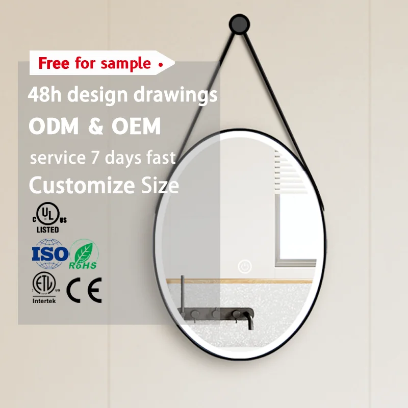 Modern Aluminum Alloy Framed Oval Equipped Mirror Smart Touch Switch Bathroom Leather Strap hang Rope Mirror