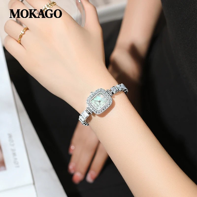 MOKAGO M8132 Square Small Dial Ladies Quartz Watch Chain with Diamonds