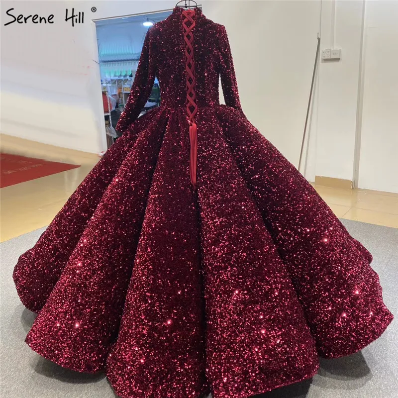 
Роскошные свадебные платья Дубай цвета синего золота 2021 Serene Hill HA2068 Блестящие Свадебные платья с длинными рукавами на заказ 