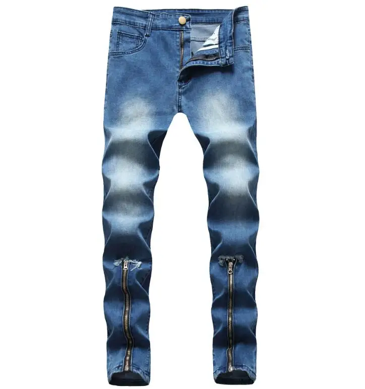 Custom Men's Fashion Ripped Jeans Washed Patch Slim Fit Thin Stretch Skinny Denim Pant Streetwear Men Jeans with Hole