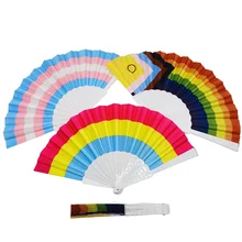 Custom Printed Pride Rainbow Rave Festival Folding Hand Fan Plastic Nylon Bamboo Lgbt Portable Hand Fan