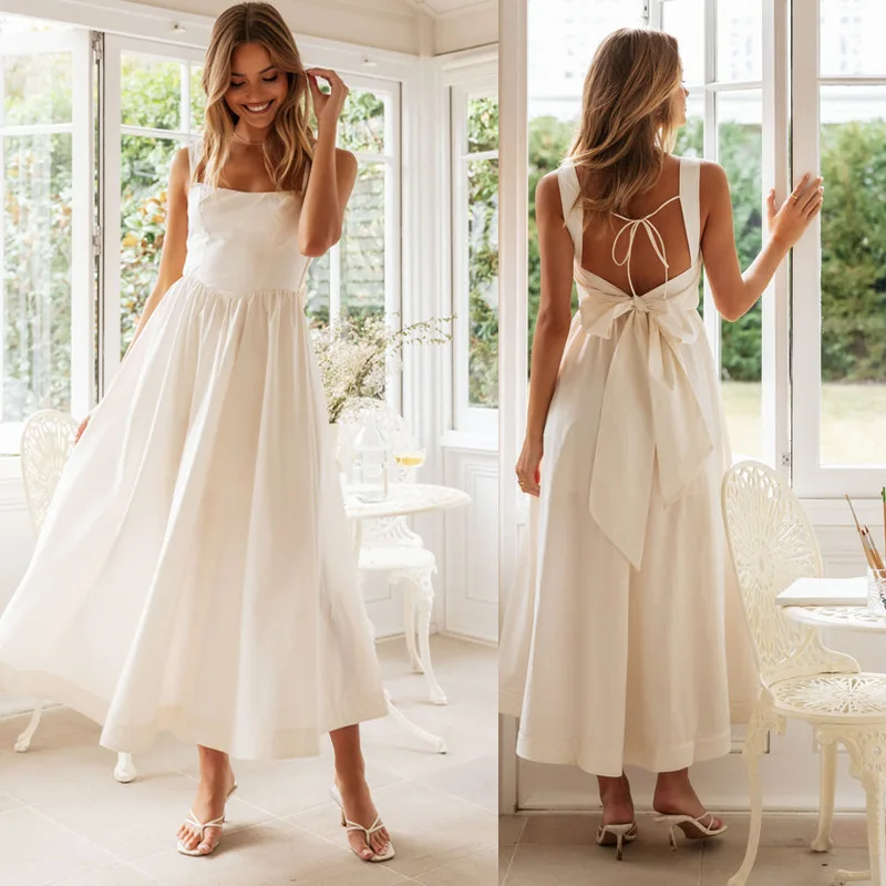 New French Elegant Ladies White Suspender Long Skirt Backless Wide Hem  Sleeveless Sling Long Dress for Women