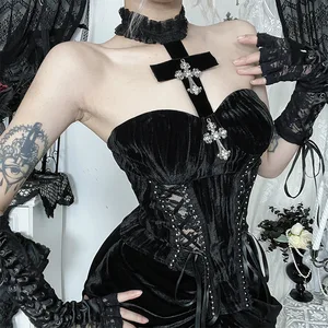Oem Odm Gothic Style Black Velvet Bustier with Cross Embellishments and Contrast Binding