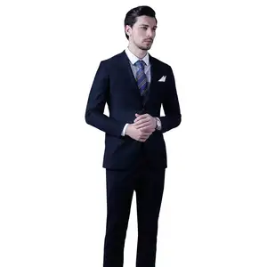 Italy High Quality Worsted Wool Fabric Men's 2-Piece Slim Fit Single Breasted Solid Black Bespoke Suit Plus Size Breathable Flat