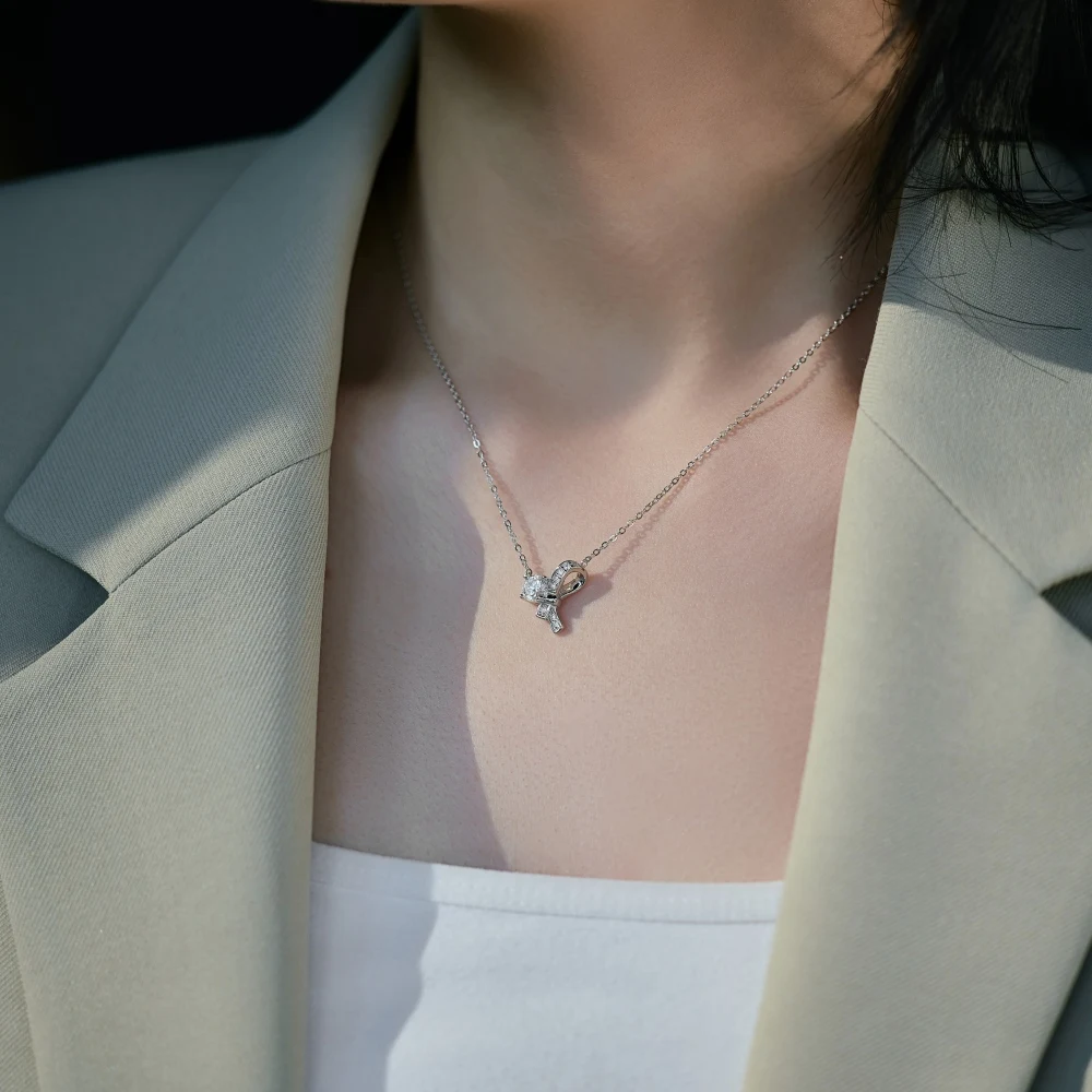 KAKODIY Classic Series Matte 925 Sterling Silver Chain 5A Cubic Zirconia Bow Pendant Necklace Women's Outfit detail 4
