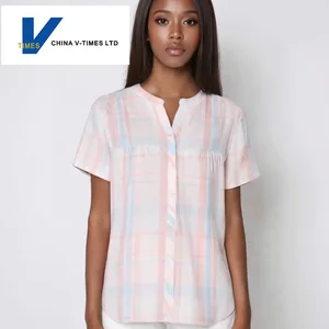 Women's Cotton Plaid Cardigan Pajama Top Breathable Thin Short Sleeve Summer Homewear