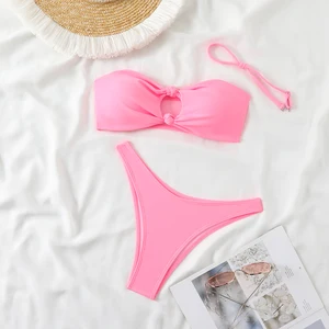 Sexy Twist 2 Piece Women Swimming Suit Costumes Pink Swimwear High Cut Swimsuit Bandeau Bikinis Set for Teen Girls