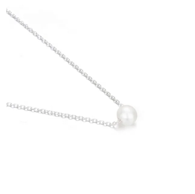 Classical New Korean Simple Design Stainless Steel Single Faux Pearl Charm Chain Necklace