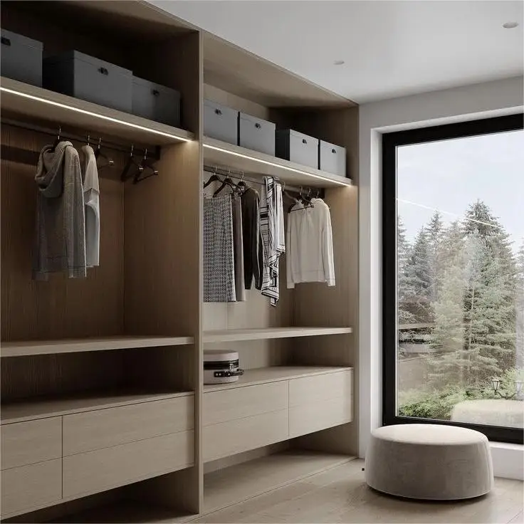 Custom Design Modern Brown Wooden Walk in Closet For Villa Wardrobe with Drawer