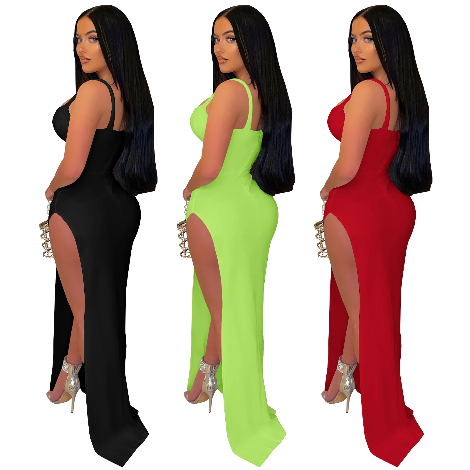 Новое поступление однотонное вечернее платье с V-образным вырезом и плиссированной талией длинное большим разрезом для