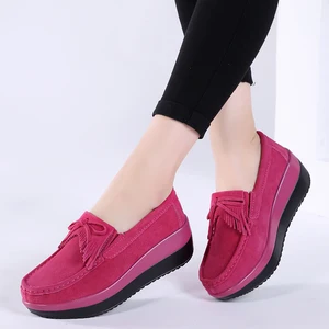 Women's Lightweight Breathable Spring Moccasin Flats Sneakers Fashion Creepers 5CM Platform Cow Leather Loafers Slip-On for