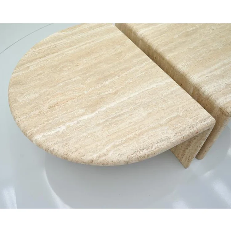 Set of Two Coffee Side Tables for Living Room  Beige Travertine Two Layers Twin Modern Coffee Table With Storage