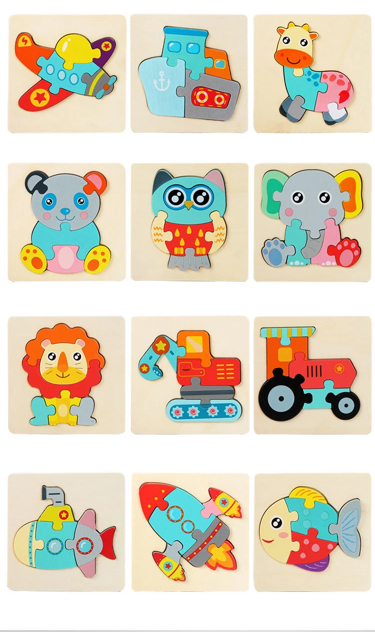 Cartoon Wooden Puzzle Baby Toy Children Educational 3d Animal Traffic ...