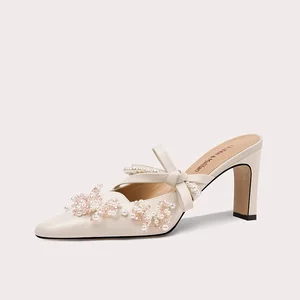 Women's Elegant Pearl White Wedding Shoes High Heels Bridal Square Heel Wholesale Closed Toe Plus Size Summer