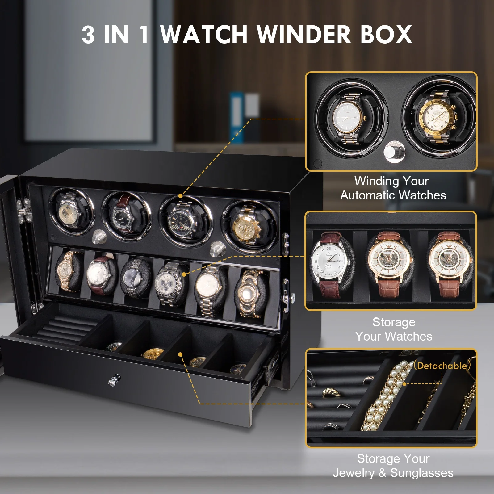 Пользовательский Oem Odm роскошный гироскоп деревянная орбита 4 + 6 слотов 3 в 1 Светодиодная коробка для намотки часов автоматическая с ящиком хранения запатентованный