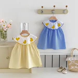 Summer Baby Dresses Girls' Sweet Style Dress with Little Duck Embroidery O-Neck Collar Pattern Decoration Clothes for Kids