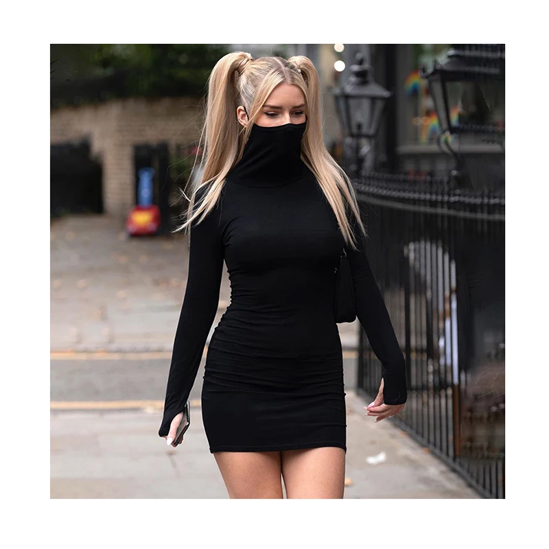 long sleeve high neck black dress