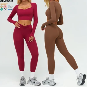 XW-TZ9313-7 High Quality Custom Butt Lifting Gym Clothing Activewear Women Leggings Breathable Long Sleeve 2 Piece Yoga Wear Set