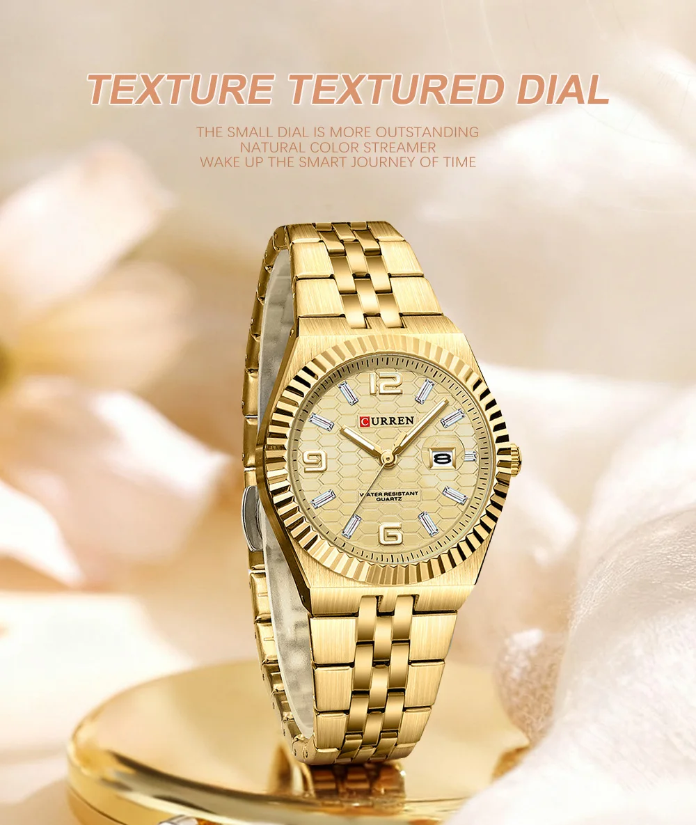 CURREN 8498 Women's Quartz Watches Stainless Steel Band Blue Dial Calendar Date Watch Ladies Water Resistant Luminous Wristwatch