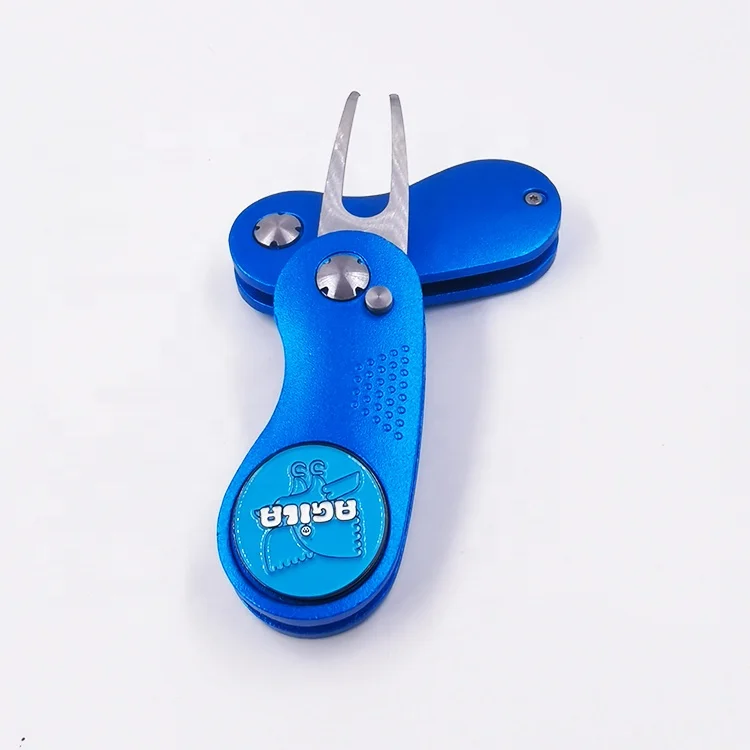 Pop up Button Blue Color Foldable Divot Tool with Custom Golf Course Metal Marker