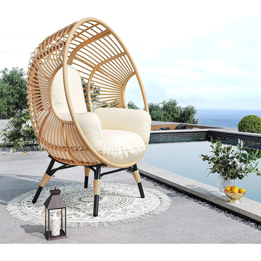 Rattan Egg Chair Outdoor Patio Lounge Chair Thick Cushions  Modern Design for Garden Backyard Porch Bedroom